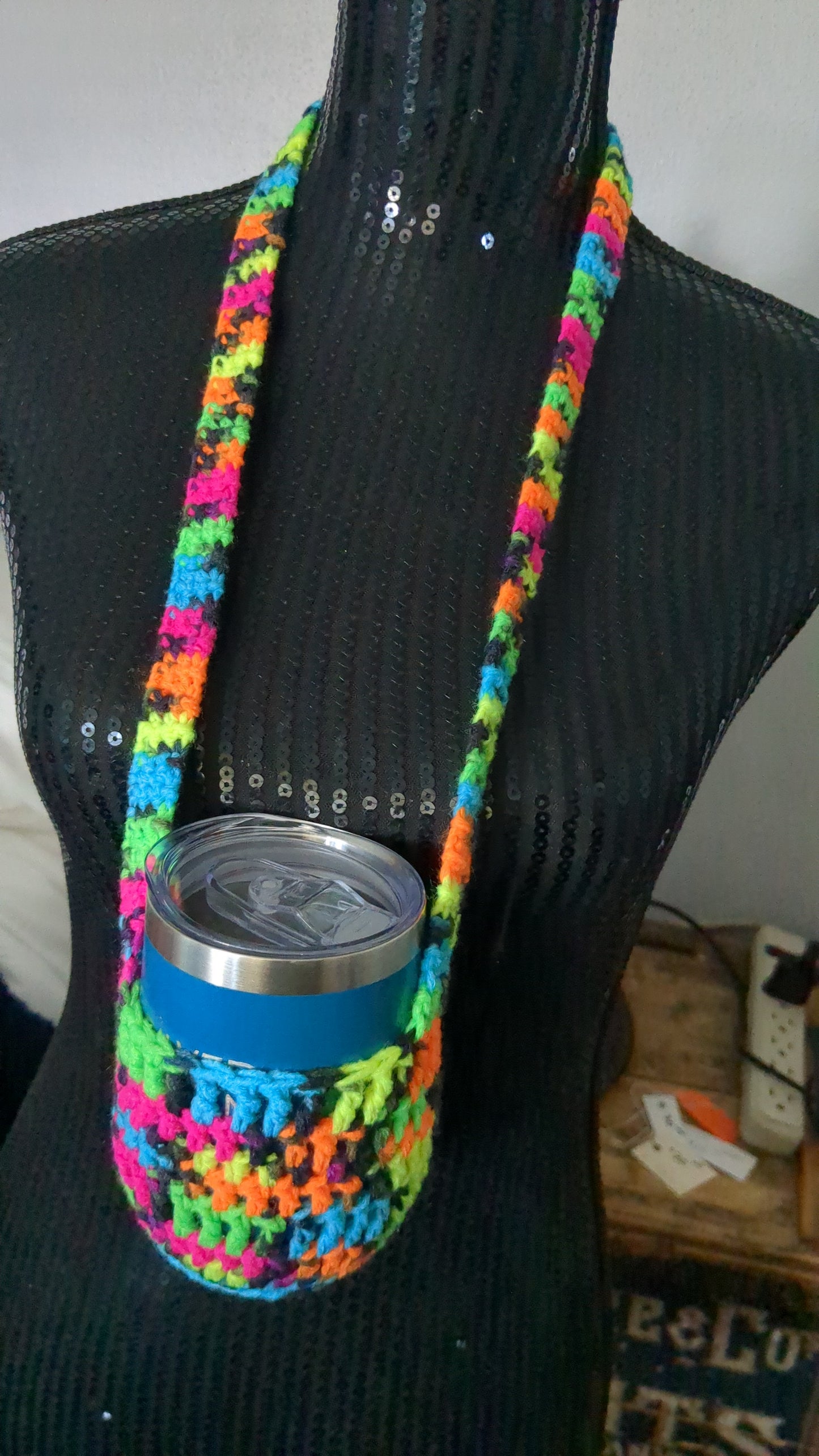 Multicolor acrylic hand crocheted cup lanyard