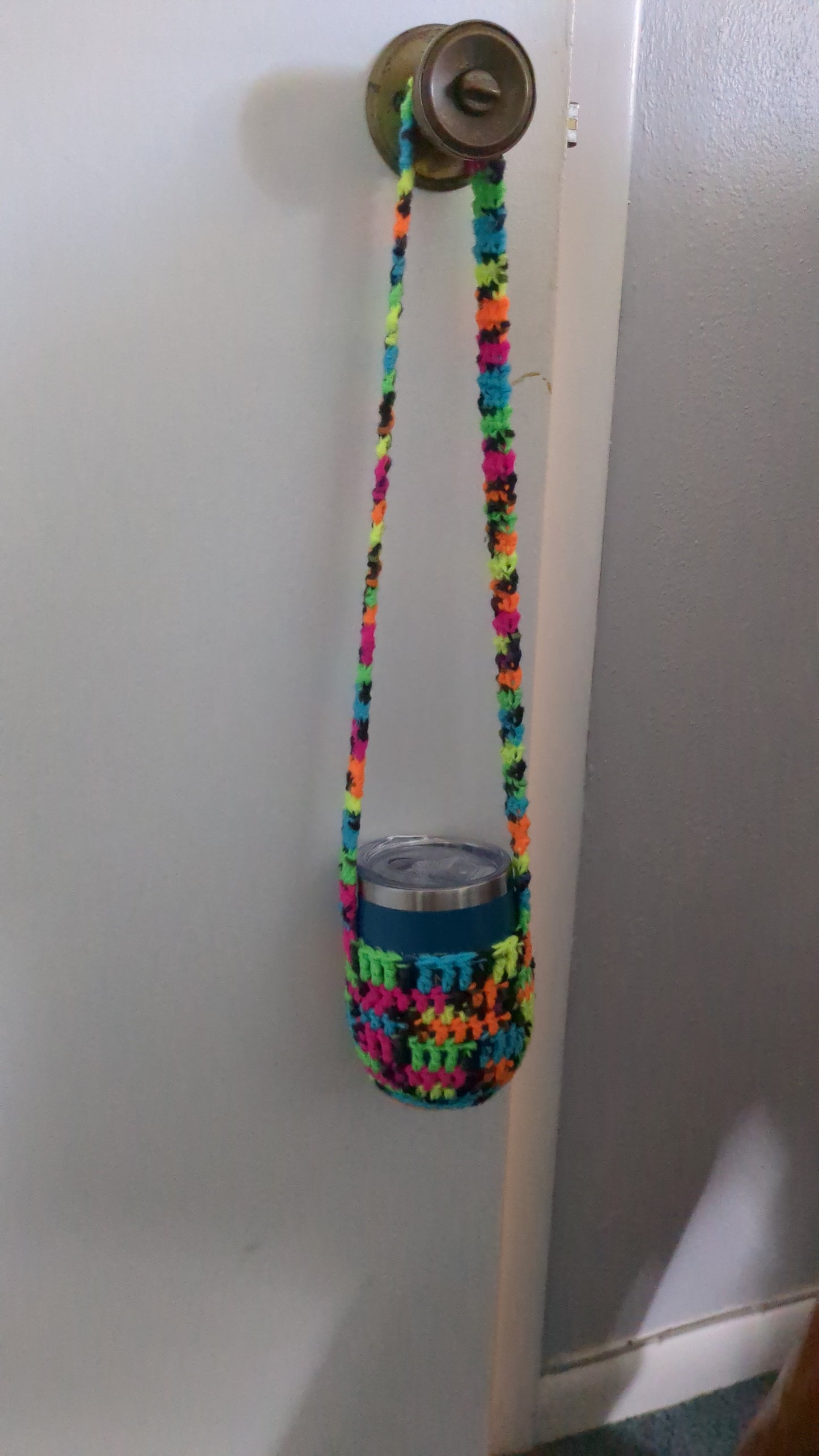 Multicolor acrylic hand crocheted cup lanyard