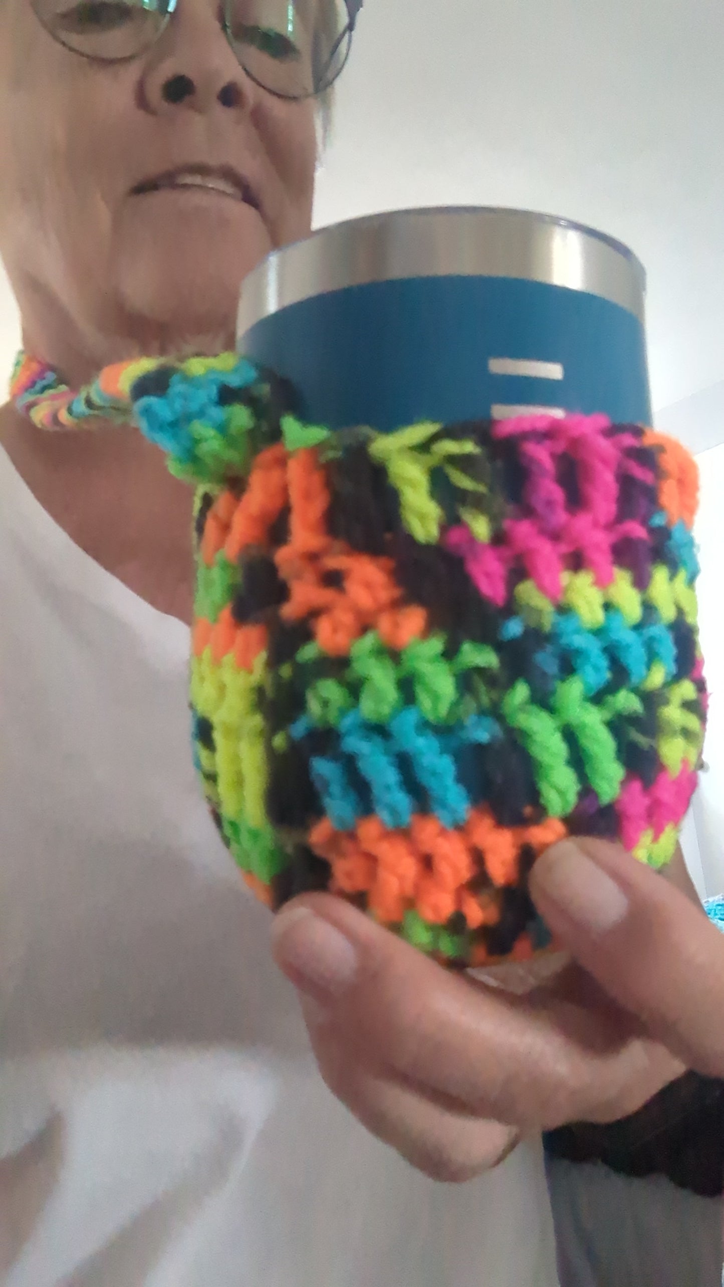 Multicolor acrylic hand crocheted cup lanyard