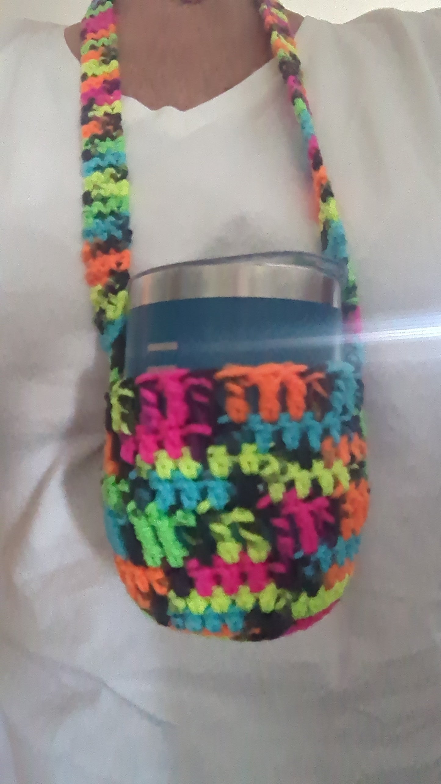 Multicolor acrylic hand crocheted cup lanyard